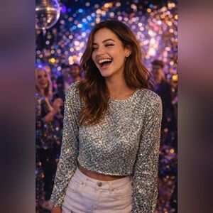 NWT Sequin Crop Top Long Sleeve Sparkly Party Disco Size M